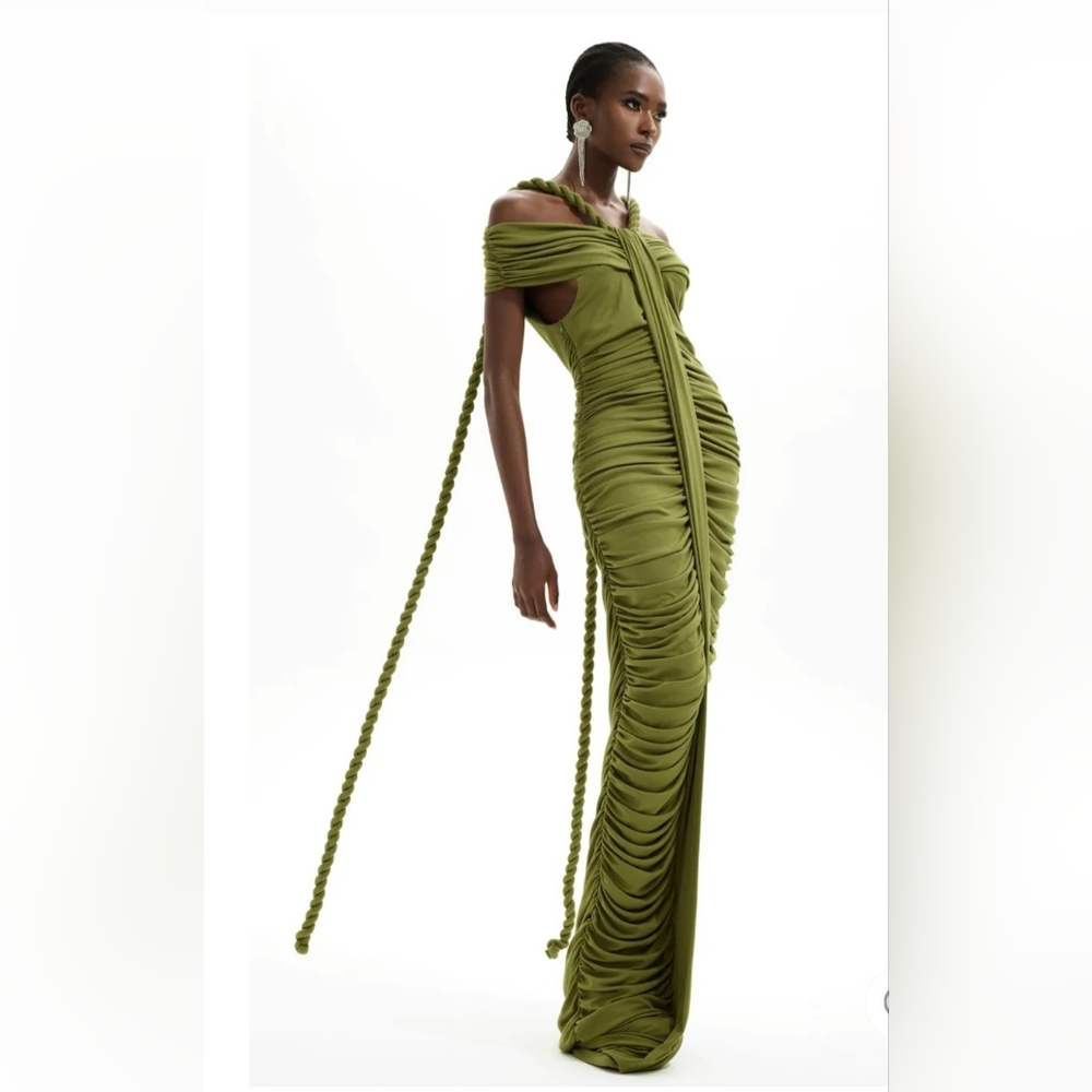Olive Green Ruched Off-Shoulder Evening Dress